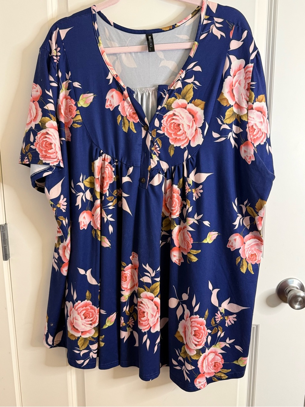 Allegrace Women’s Plus Size 4X Navy Pink Rose Floral Babydoll Tunic Top
